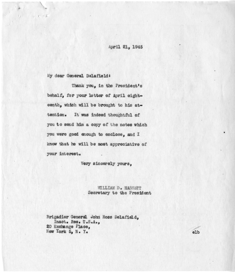 Letter from John Ross Delafield to President Harry S. Truman With Attachment and Reply From William D. Hassett