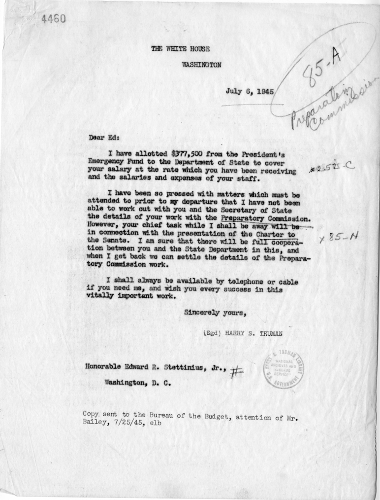 Letter from President Harry S. Truman to Edward Stettinius, Jr., With Related Correspondence