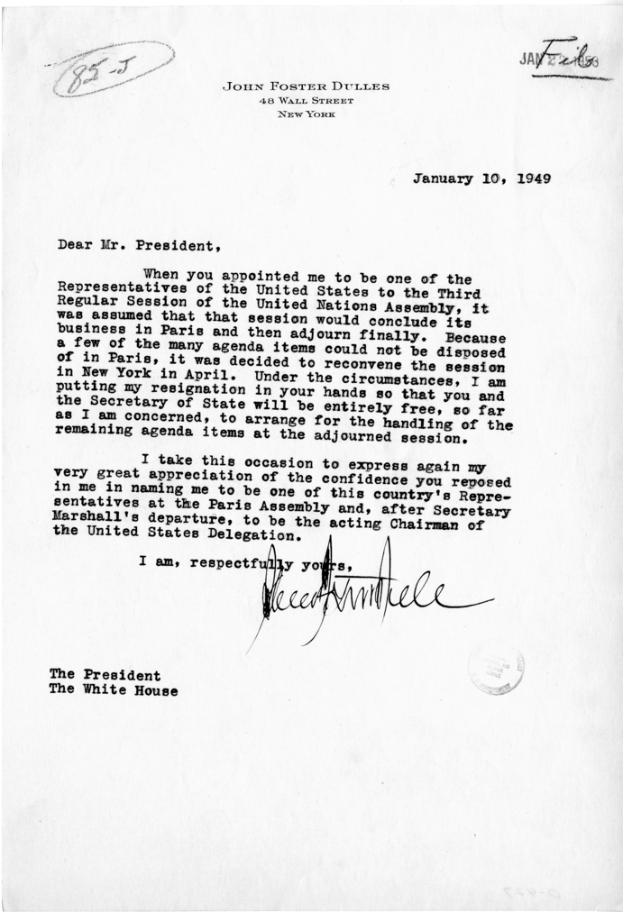 Letter from John Foster Dulles to President Harry S. Truman