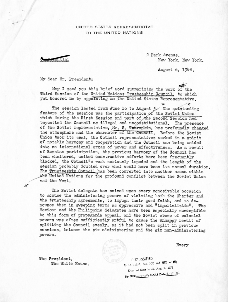 Correspondence Between Harry S. Truman and Francis B. Sayre