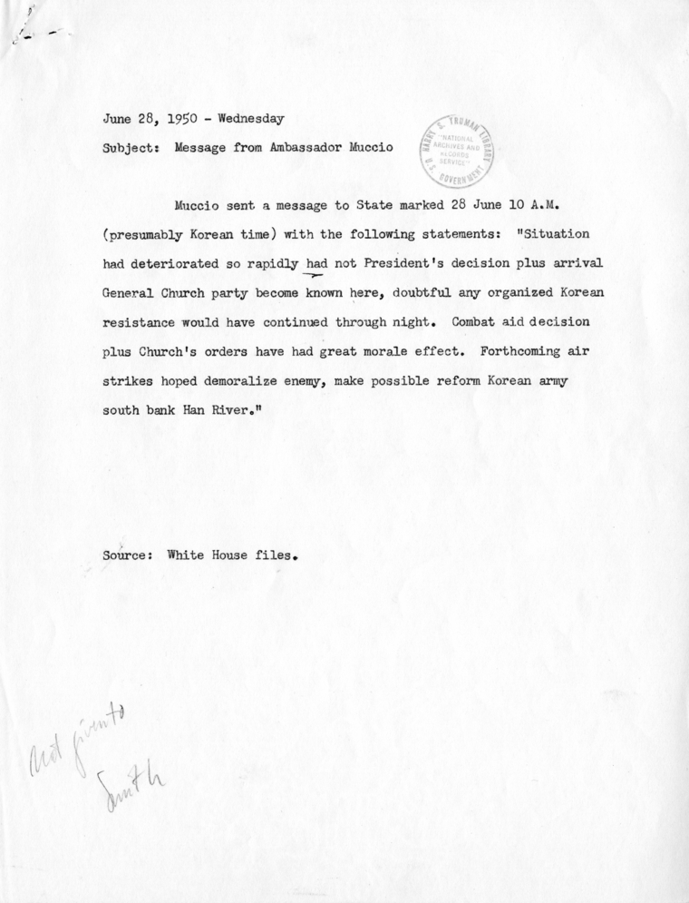 Note Regarding June 28, 1950 Message From Ambassador John Muccio